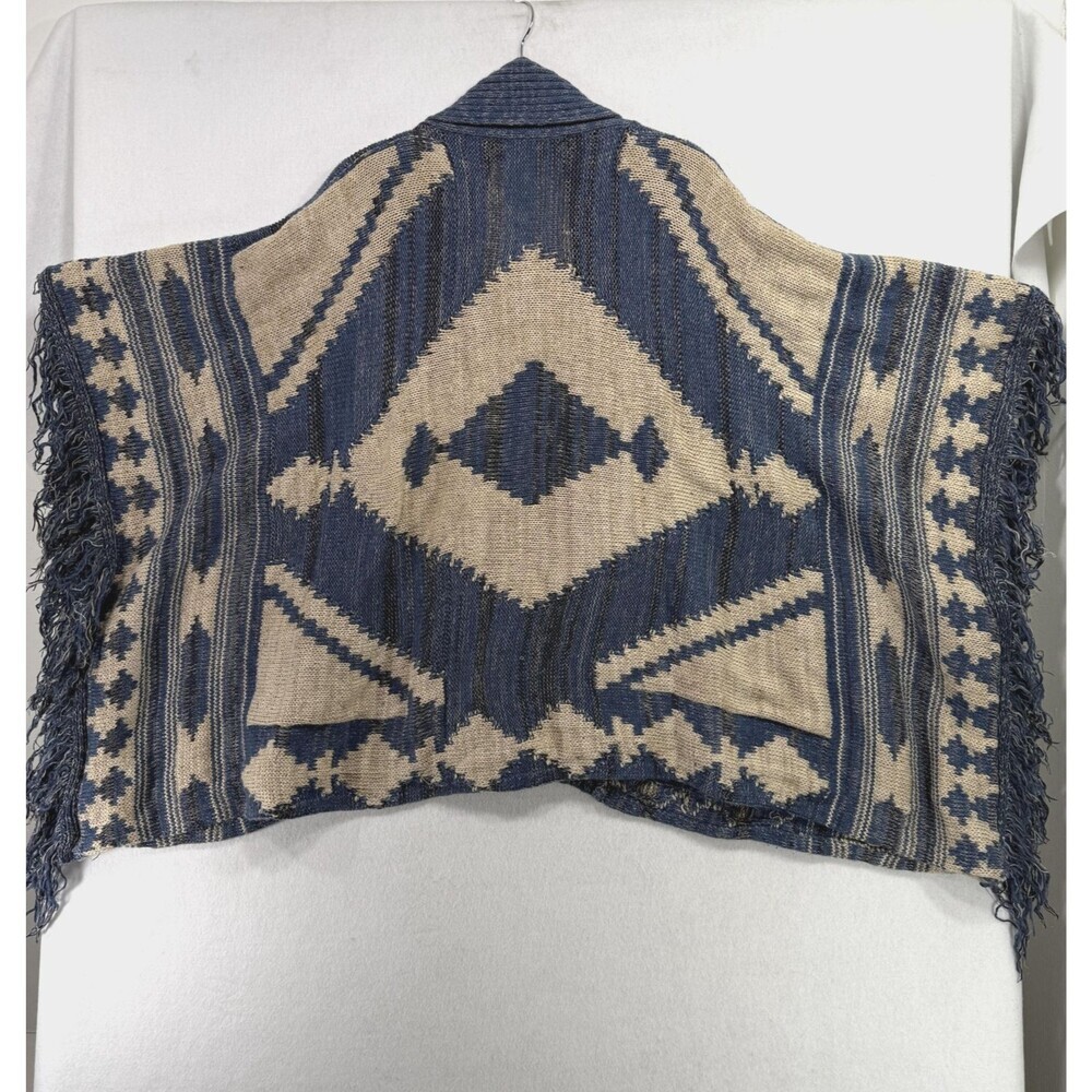 Lauren Ralph Lauren Poncho Cardigan Women L Blue Beige Wool Linen Southwestern - Picture 7 of 15